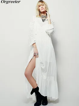 

Vintage White Women Dress Bohemian V Neck Sexy Long Dresses Embroideried Long Sleeve Maxi Dress Vestidos Femininos Boho Dress