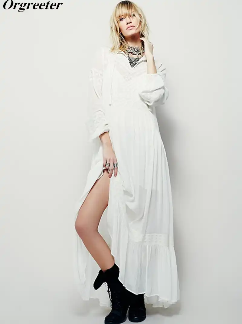white long sleeve bohemian maxi dress