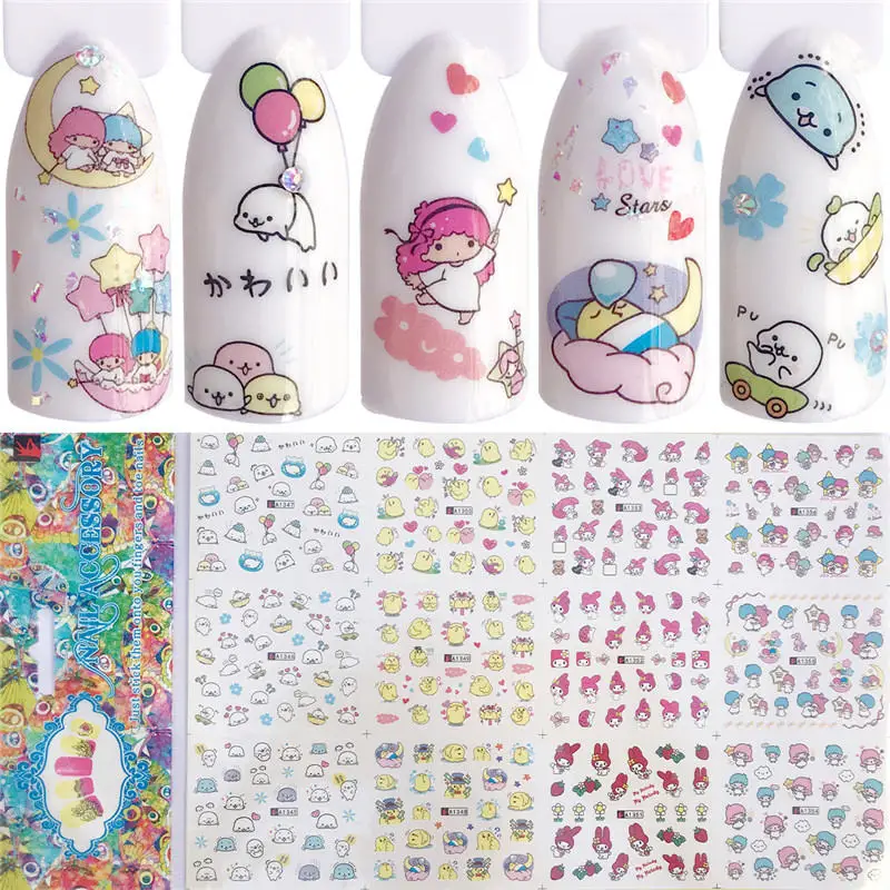 ZKO 12 шт/Лист наклейки для ногтей бабочка цветок/кружево/мультфильм переводная наклейка Слайдеры для нейл-арта украшения татуировки