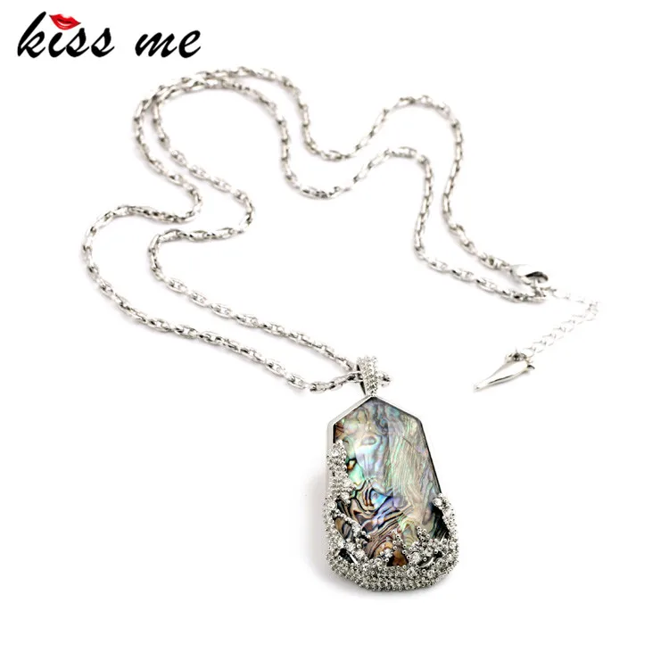 

KISS ME Exquisite Big Imitation Gemstone Pendant Long Necklace Silver Color Chain Collares Mujer Accessories