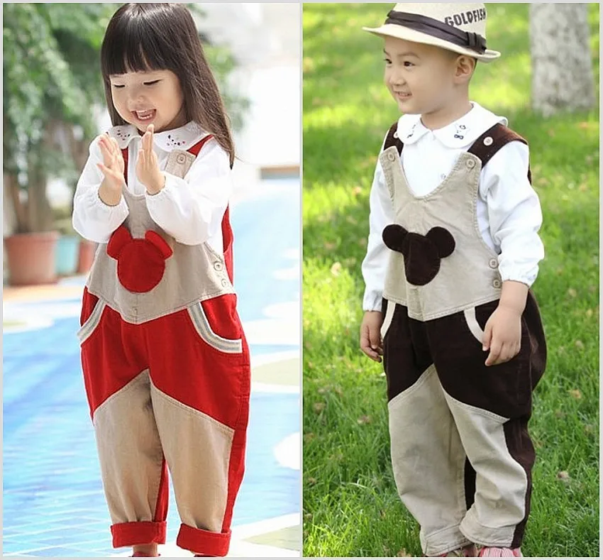 

Spring and autumn  baby bib pants child bib pants infant trousers open file bib pants dual lines mouse