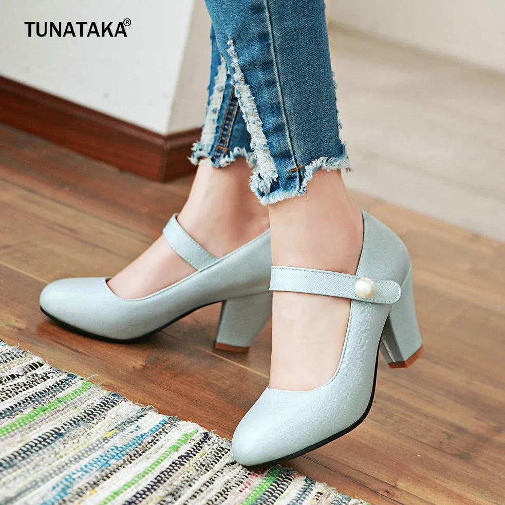 

Women Square High Heels Mary Jane Pumps Shoes Velcro Dress Casual Shoes Spring Autumn Blue White Pink