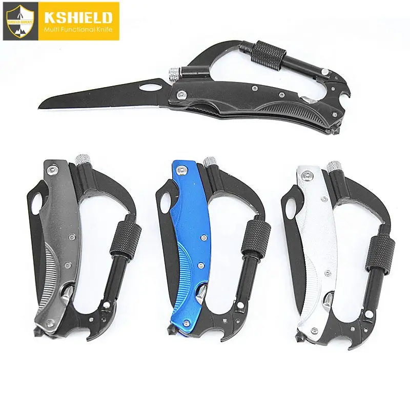 

7 In 1 Multifunctional Outdoor Climbing Self Defense Gear Folding Knife With LED Flashlight Hiking Survival Carabiner Multi Tool
