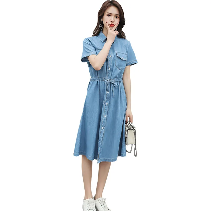 

Short Sleeve Dress Women Summer Denim Dress 2019 New Big Size XL-5XL Dress Ladies Fashion Turn-down Collar Jeans Dresses Mujer