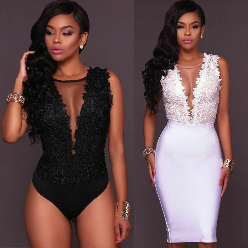 

Summer Charming Women Lace Transparent Jumpsuit Bodycon Bodysuit Leotard Top Romper Blouse Sleeveless Shirts