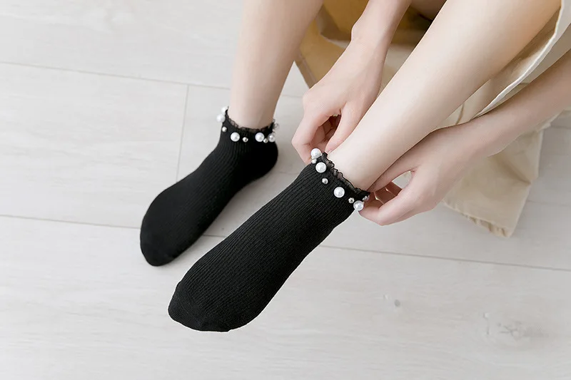 Women Fashion Socks 2022 New Lace Pearl Solid Color Breathable Ankle Socks Cotton Fashion Cute Woman Funny Socks Носки fluffy socks