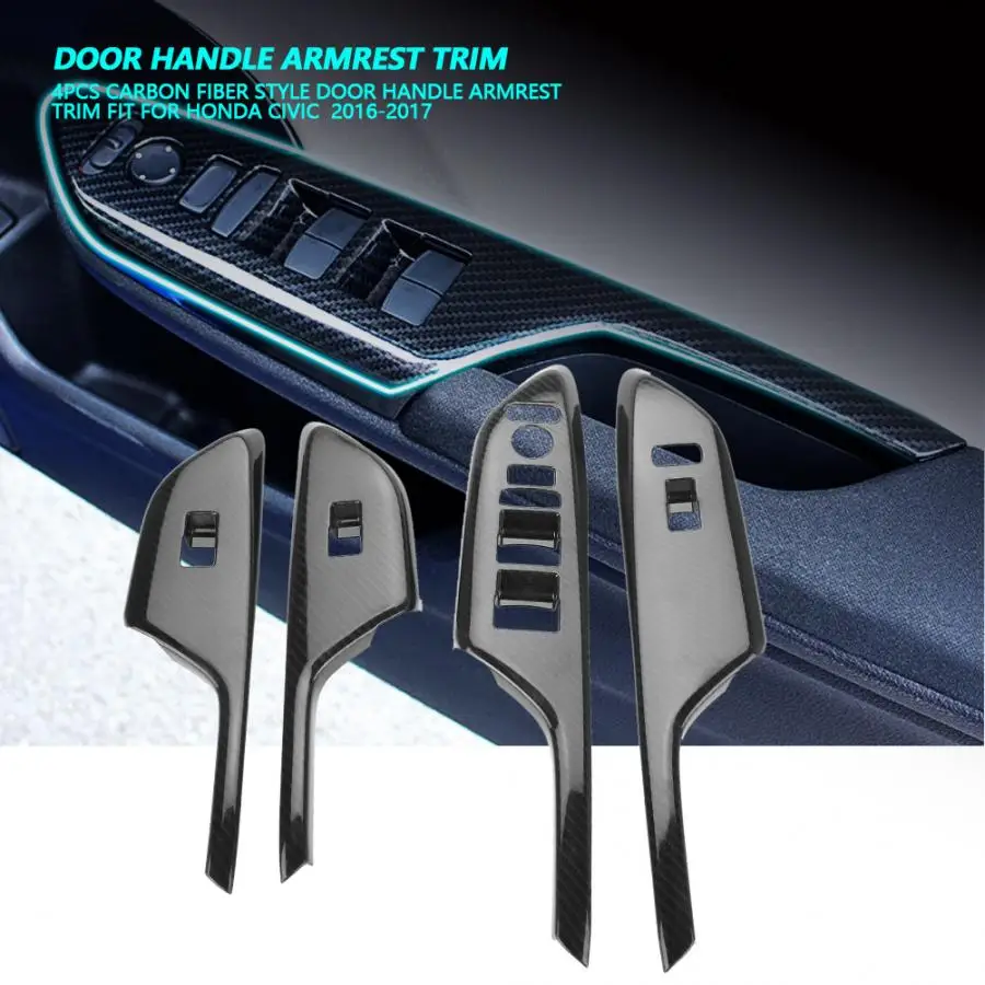 New 4Pcs Carbon Fiber Style Door Handle Armrest Trim Window Lift Panel Cover Trim Fit for Honda Civic Right Hand Drive