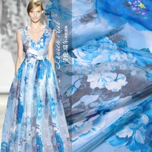 Светильник из шифона с синим принтом, шелк, натуральный шелк, материал для одежды из натурального шелка, ширина 140 см