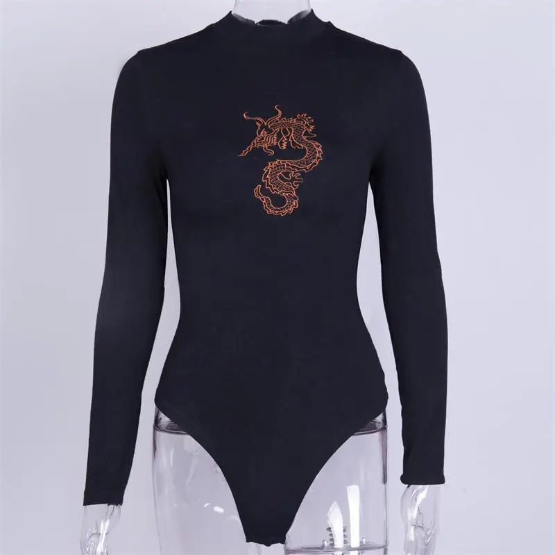 Women Bodysuit Long Sleeve Dragon Embroidery Sexy Turtleneck festival Autumn gothic Fashion Elastic Warm Halter Bodycon Jumpsuit