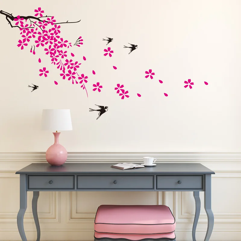 

Pink flower Cherry Tree Swallow Bird Wall Stickers Decals Girls Women Flower Mural Wallpaper Home Living Room Bedroom Decor