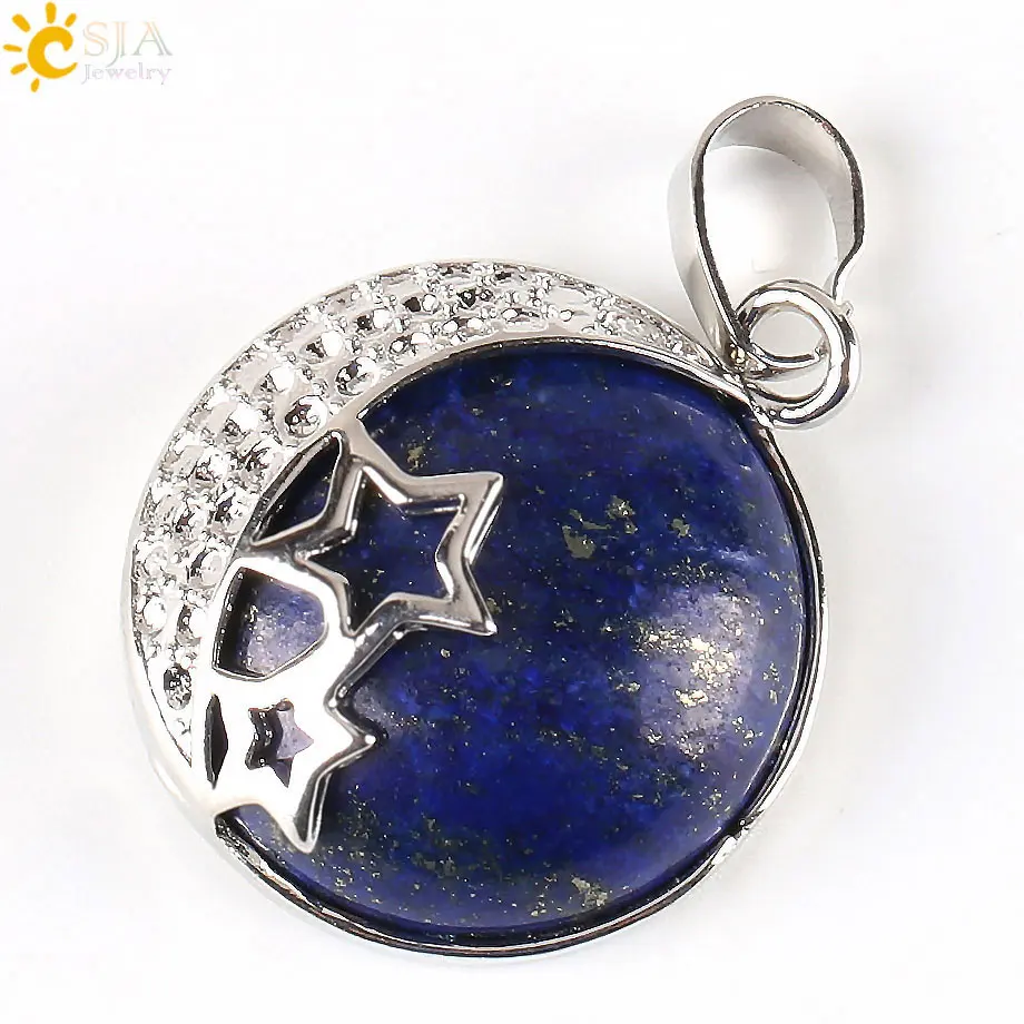 CSJA полумесяц лунное ожерелье, подвесное розовое кварц Фиолетовый Кристалл выдалбливают пентаграмма звезда для женщин натуральный камень ювелирные изделия E174 - Окраска металла: Lapis Lazuli