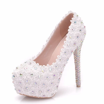 

New Lace Pearls Bridal White Wedding Shoes Bride Handmade Sweet Elegant Luxury Dinner Party Wedding White Lace Shoe XY-A0320