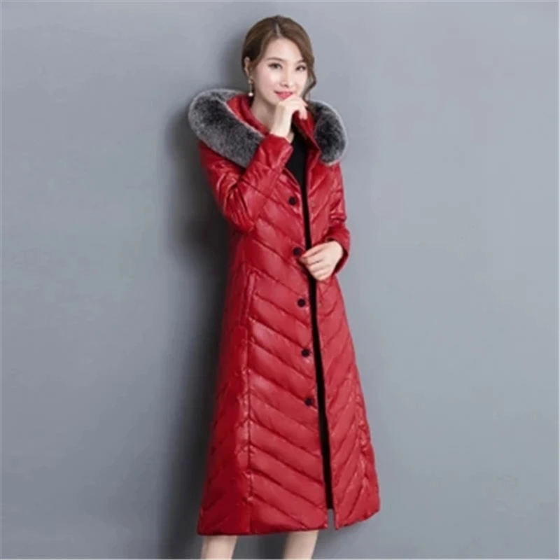2017 Fashion Thick Warm Leather Jacket Women Long Slim PU Leather Coat Ms Outerwear Parkas Luxurious Ms Coat Plus Size 5XL f211