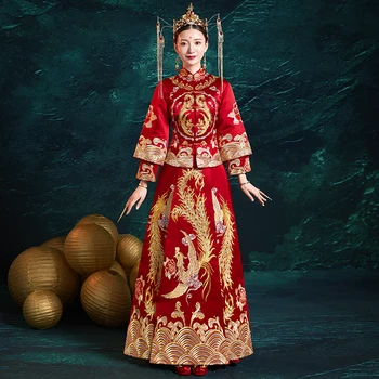 Royal Phoenix Embroidery Qipao Vintage Oriental Women Marraige Cheongsam Suit High Quality Bride Wedding Dress Toast Clothes Royal Phoenix Embroidery Qipao Vintage Oriental Women Marraige Cheongsam Suit High Quality Bride Wedding Dress Toast Clothes