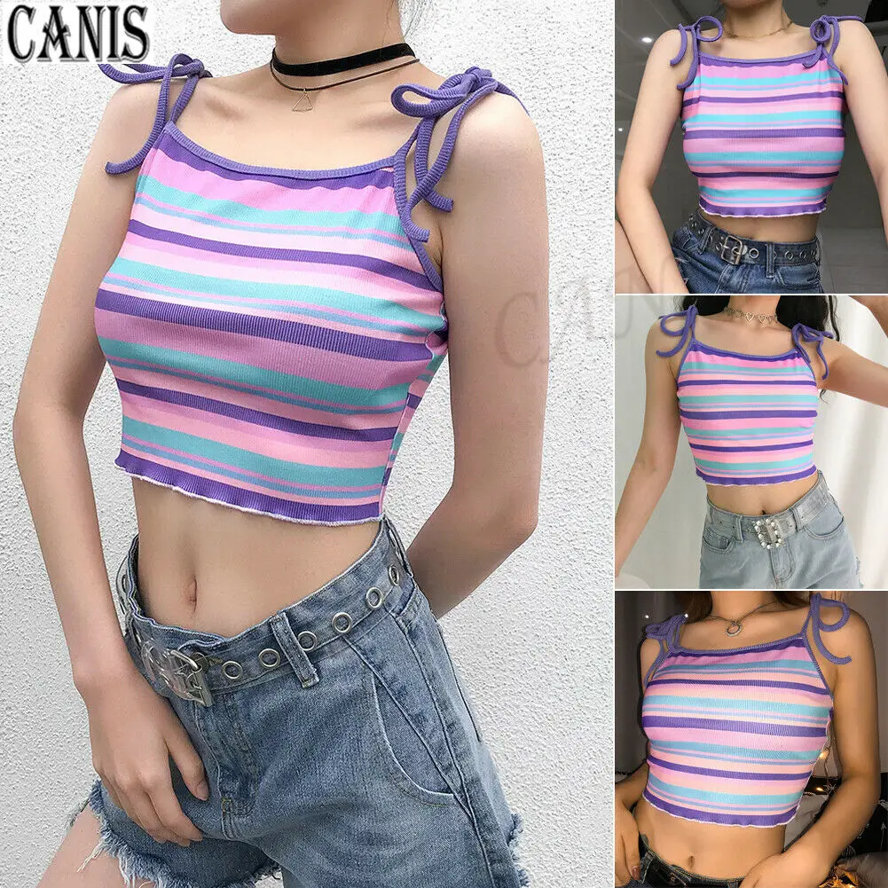 

Hot Sale Women Summer Casual Adjusted Sling Striped Knitted Cotton Short Tank Tops Vest Sleeveless Crop Shirt