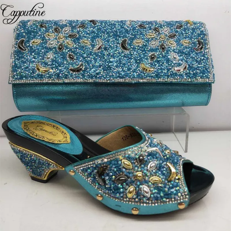 

Capputine Summer Style Slipper Woman Shoes And Bags Set African Middle Heels Shoes And Bag Set For Party 5Colors Stock BL125C