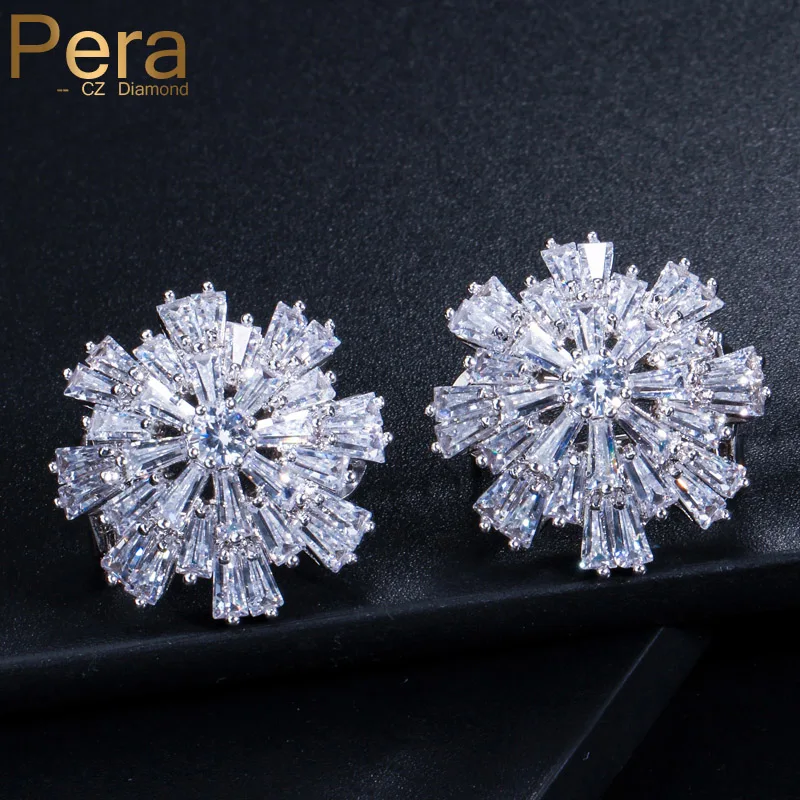 

Pera New Pera Brand Silver Color Korean Style Jewelry Women Party Big Flower Cubic Zirconia Stud Earrings With Blue Stone E243