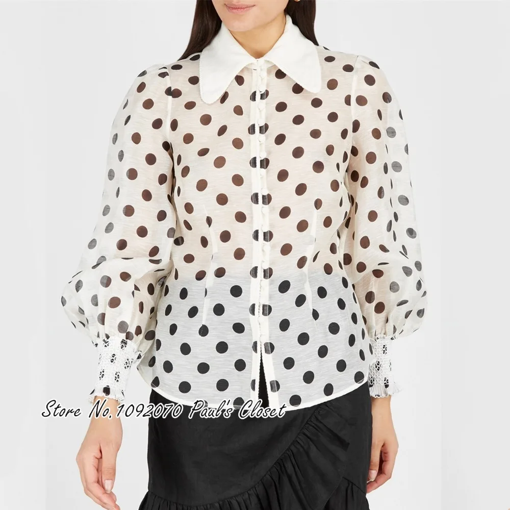

Women Ivory and Black Dot Lantern Blouse Corsage Linen-blend Shirt