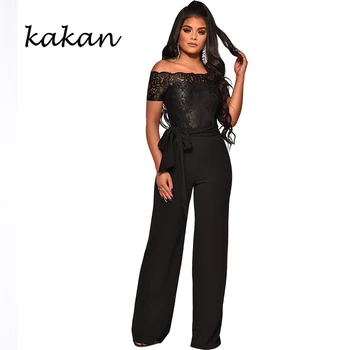 

Kakan new women's embroidered jumpsuit casual water soluble lace word collar wide leg jumpsuit