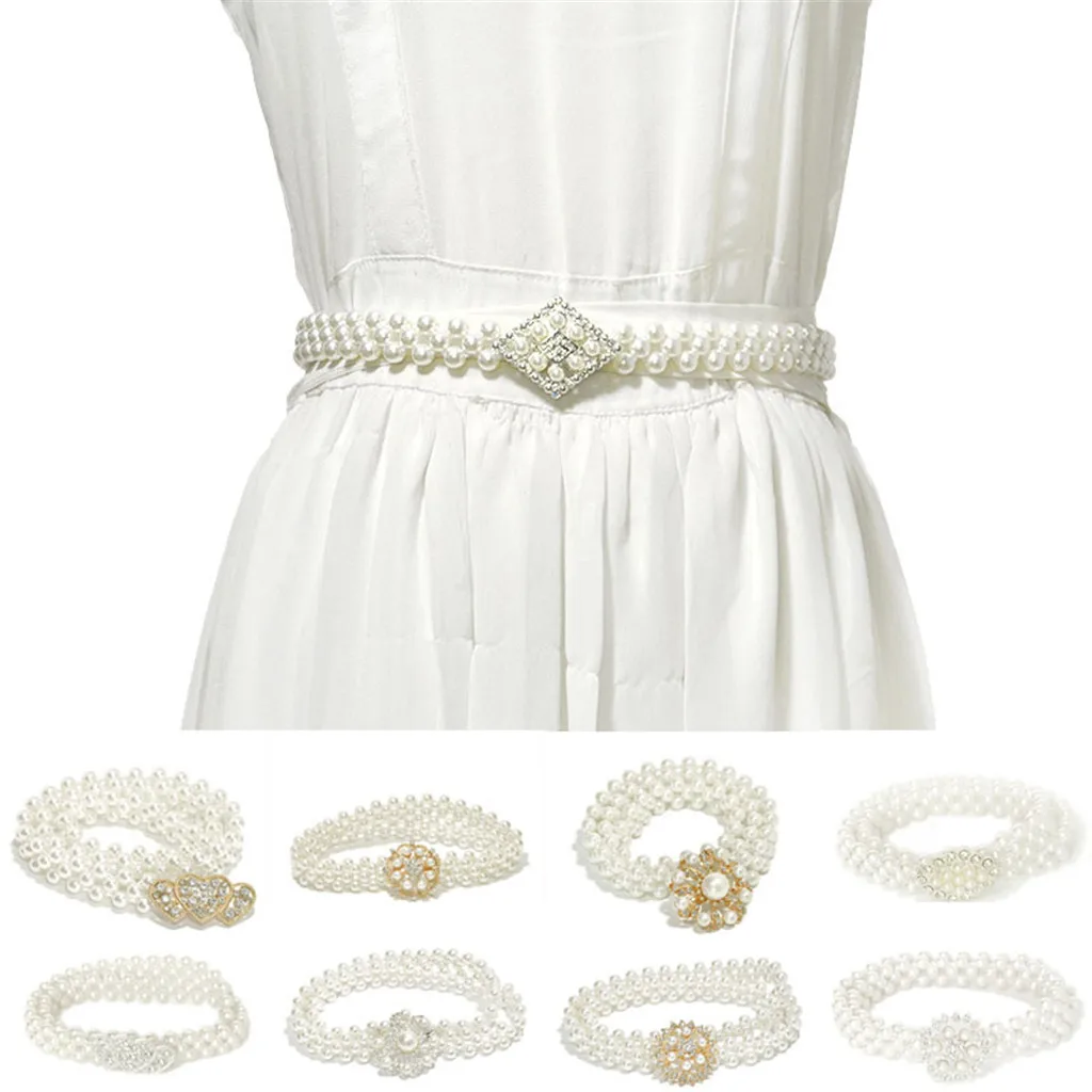 

Elegant Women Pearl Belt Elastic Buckle Pearl Chain Belt Female Girls Waist Belt For Dress Crystal Strap Luxury Ceinture Femme