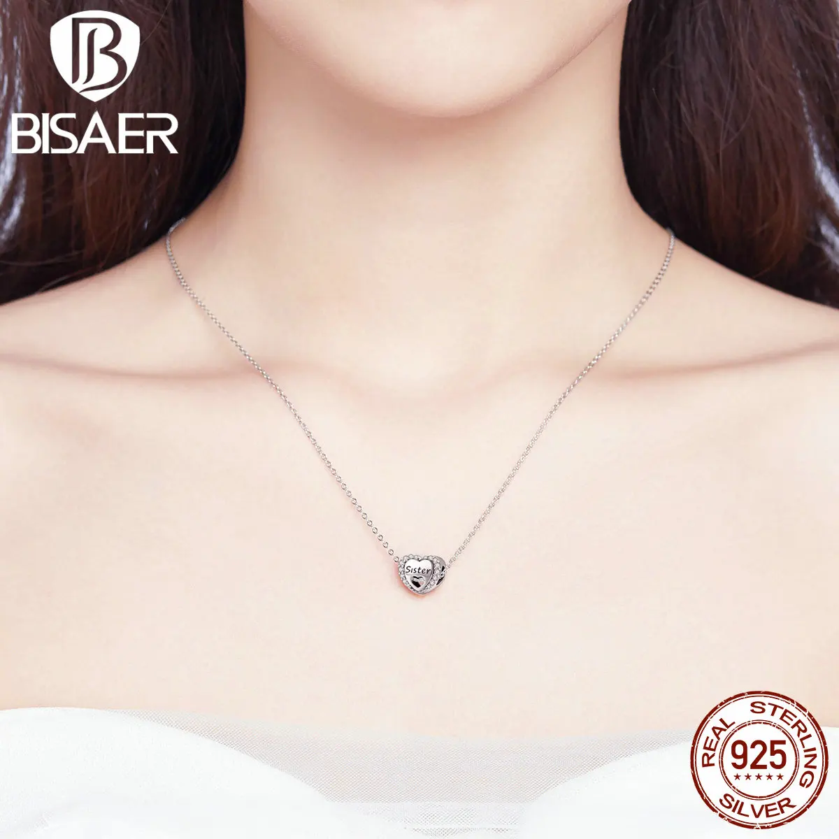 BISAER 100% 925 пробы Серебряный Подарок для сестры подвески в форме сердца бусины