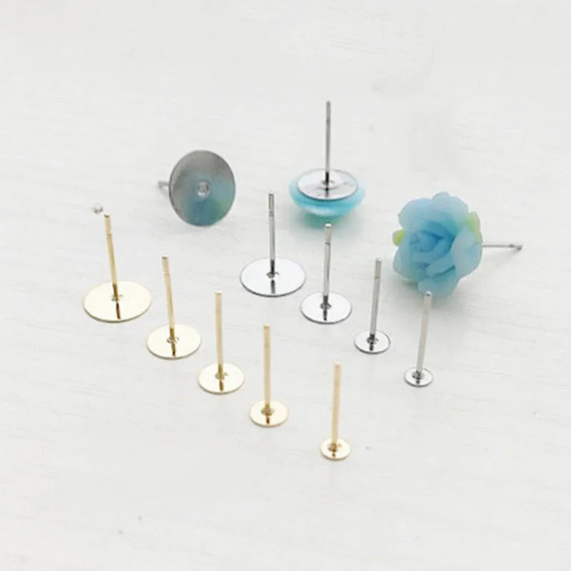 

50pcs Steel/Gold Color Surgical Stainless Steel Stud Earring Base 3 4 5 6 8 10 12mm Pad Earring Tray Settings DIY Jewelry Make