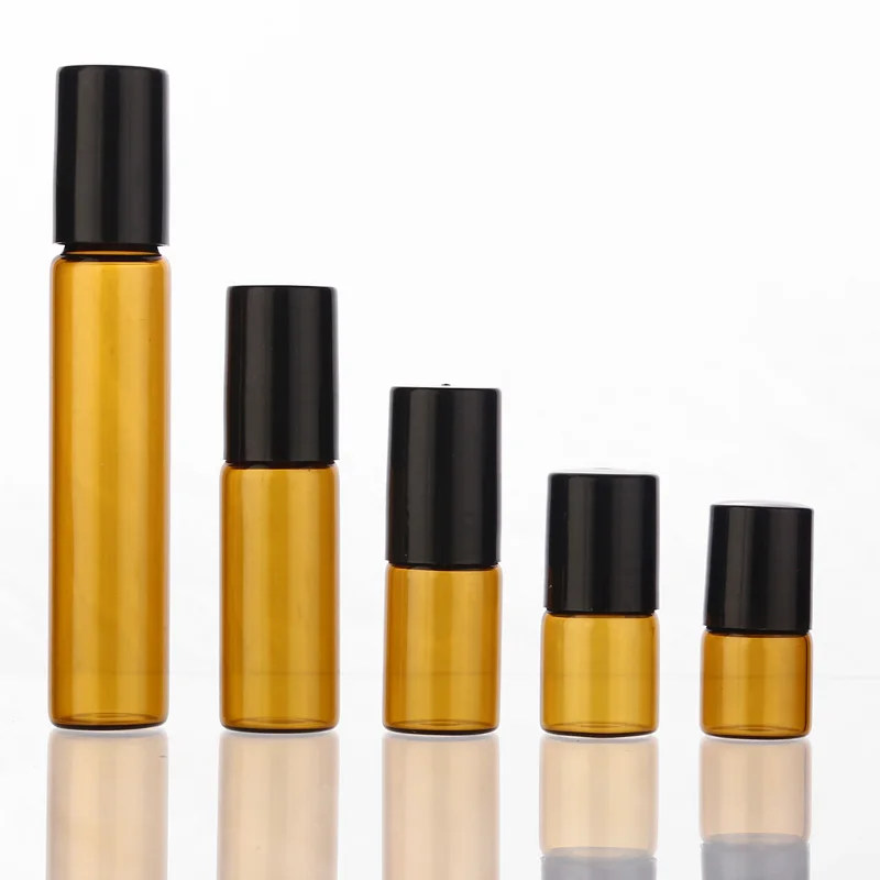 

50pcs/lot 1ml 2ml 3ml 5ml 10m Amber Perfume Glass Roll on Bottle with Glass/Metal Ball Brown Roller Essential Oil Vials Thin