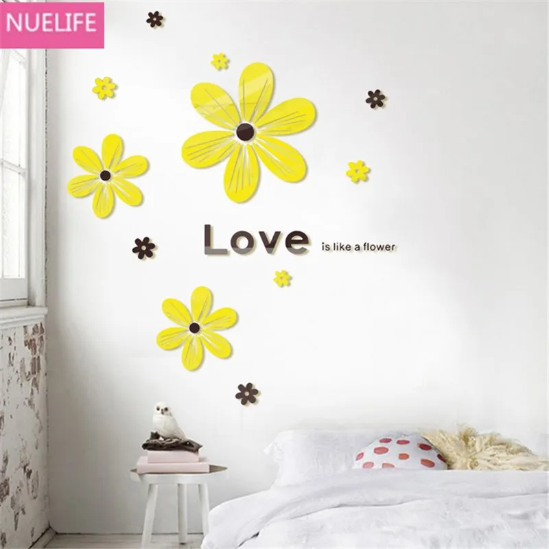 

Yellow flower LOVE pattern 3D acrylic wall stickers wedding bedroom living room TV sofa background decoration wall stickers