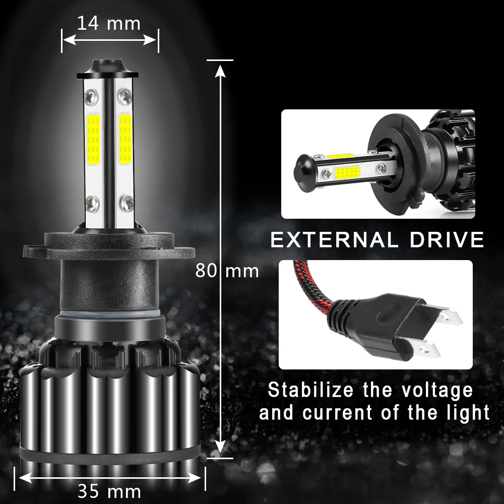 Комплект из 2 предметов, 4 боковых H4 светодиодный H7 фар автомобиля Светодиодный Противотуманные фары Автоматическая лампочка 80 Вт 8000LM 6500K H1 H8 H9 H11 9005 HB3 9006 HB4 9007