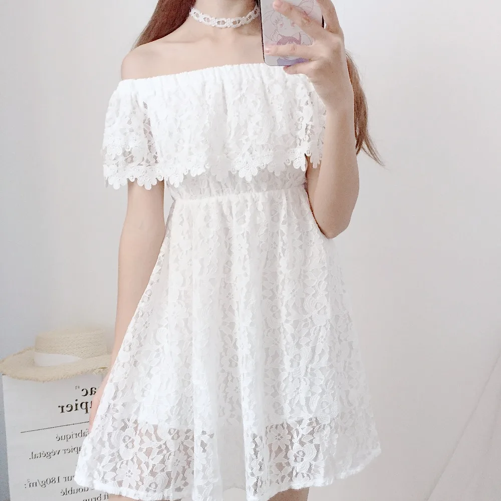 

Spring summer Japanese sweet Slash neck Off-Shoulder Strapless white lace girls dress Fairy princess Lolita temperament dress