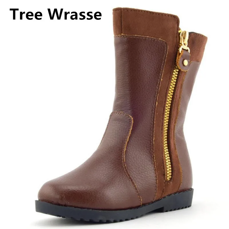 

Girls Genuine Leather Snow Boots Winter New Fashion Knee High Martin Boots For Boys Cotton Rubber Shoes Tree Wrasse Brand