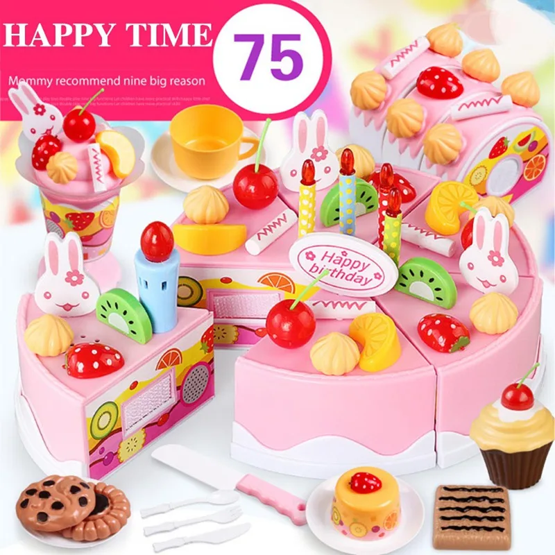 37-75pcs/Set Simulation DIY Pretend Play Fruit Birthday Cake Cutting Tableware Kitchen Food Toys For Kids Girls Best Gift