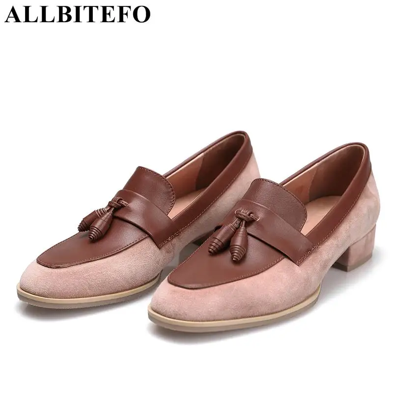 

ALLBITEFO full genuine leather square toe thick heel women shoes fashion mixed colors women high heel shoes spring girls shoes