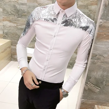 

Shiny Sequin Shirts For Men Slim Fit Black White Groom Wedding Shirt Male Elegant Long Sleeve Prom Club Party Chemise Homme S70