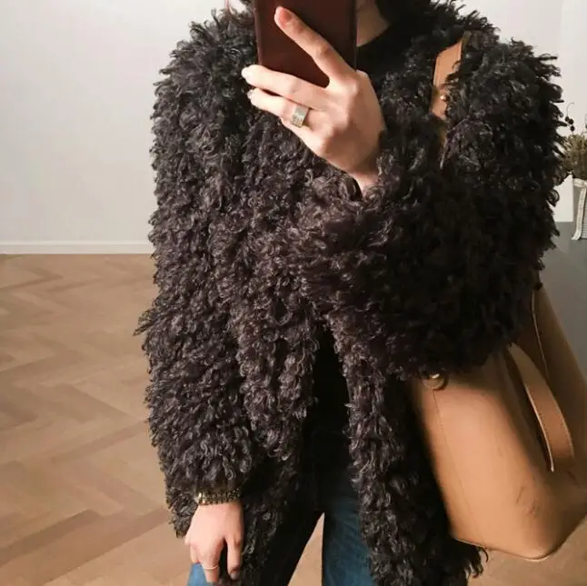 Cou Lâche Agneau Noir Faux O coffee Longue Shaggy Noir Vestes Mi D'hiver Long Élégant Bouclés Fourrure Poilu rose Manteau Femmes dark Brown Survêtement De Rose Laine 7ZqwOX