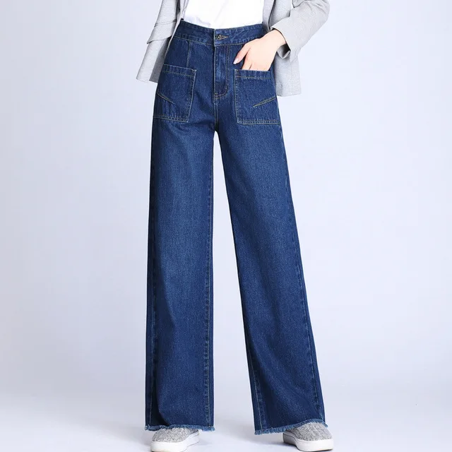 KoHuiJoo осень Высокая талия широкие брюки джинсы для женщин; Большие размеры Карманы Свободные Длинные джинсы штаны полной длины ковбойские