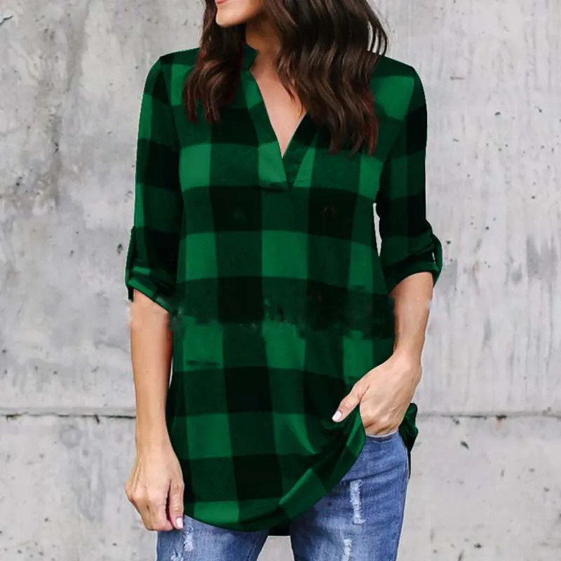 Women Fashion V Neck Long Sleeve Plus Size S 5XL Loose Blouse Casual Check Plaid Baggy Shirts Classic Pullovers Blouses