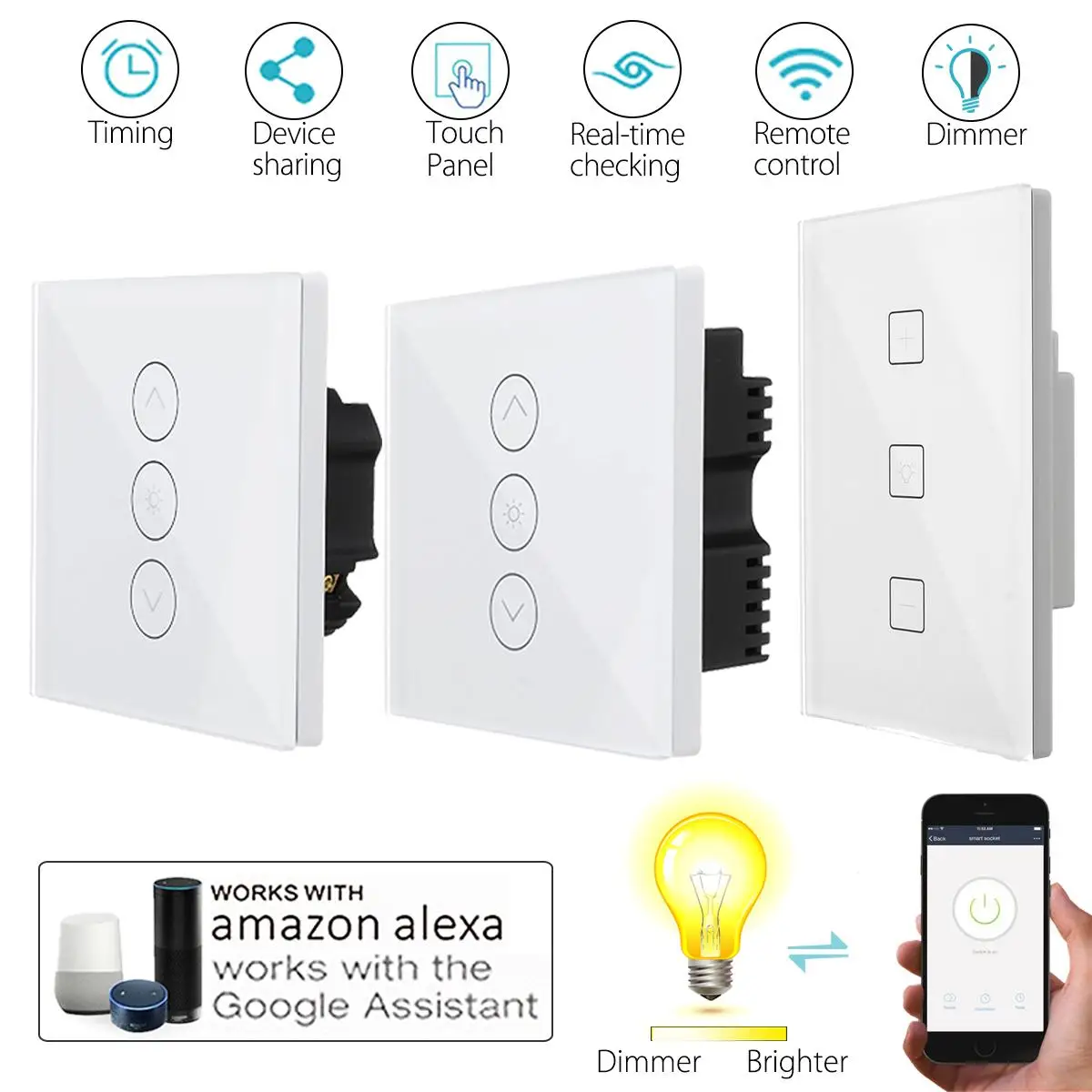 

UK Plug Wireless Smart Light Dimmer In Wall Power Switch Touchs Remote Control WiFi Light Switch Work with Alexa/Google Home