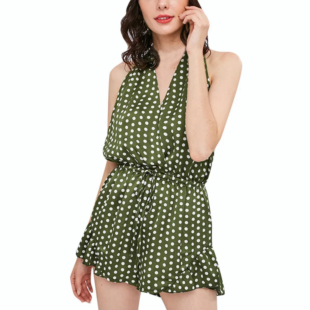 Summer Fashion Women Short Jumpsuit Dot Print Sleeveless Loose Casual Playsuit Short Pants Backless Halter Female Beach Jumpsuit