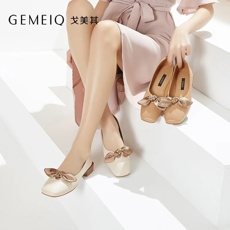 

GEMEIQ 2019 Spring New College Style Shallow Square toe Bow Knot Nude Shoes Low Heelseasy matching casual Women's Shoes