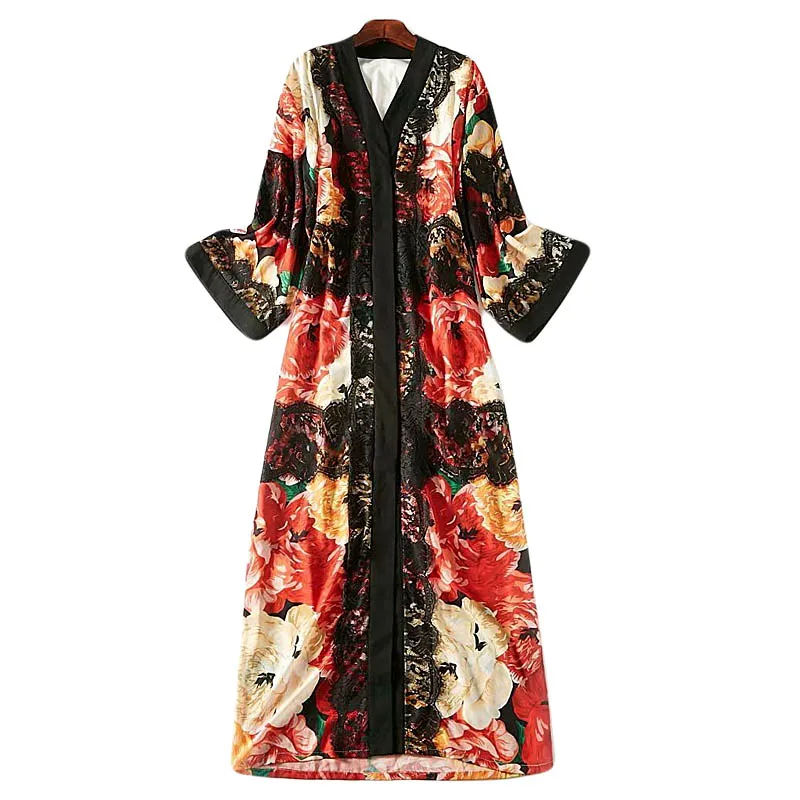 

XF 5XL Boho Maxi Dress Spring And Autumn 2019 Rose Flower Lace Stitching Robes Floor Length Party Night Europe And America Dress