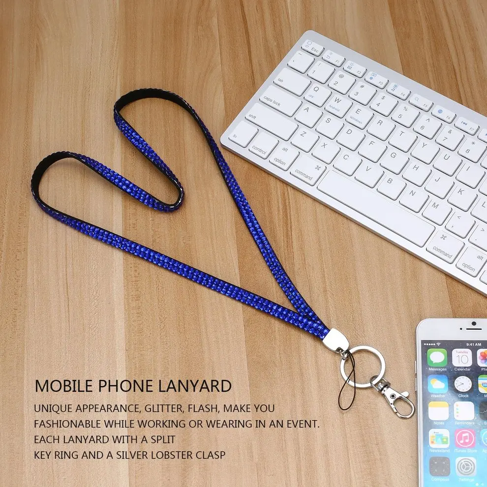 

10 Pcs Dark Blue Rhinestone Crystal Bling Custom Lanyard & ID Badge Cell Phone Key Holder Ring Mobile Phone Straps Simple Style
