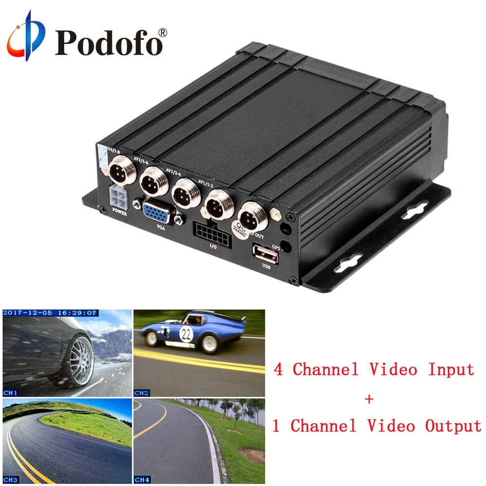 

Podofo 4CH Car Mobile DVR Vehicle Video Recorder Dash Camera SD DVR Embedded SD-MDVR with Rear View Cameras Monitoring System