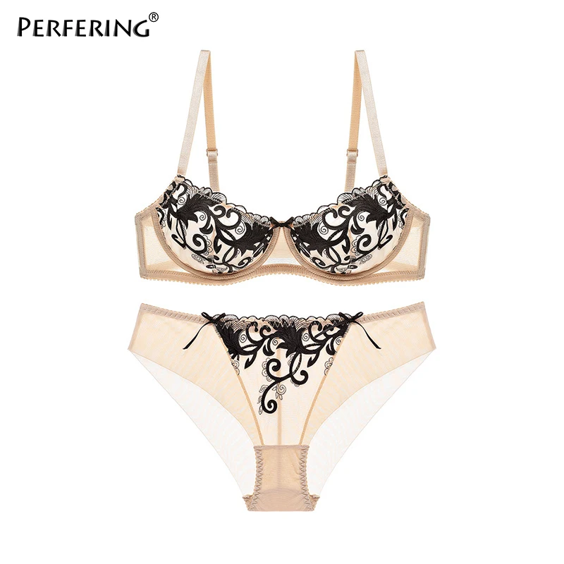  Perfering Lace Lingerie Sets Plus Size Transparent Bra Panties Ultrathin Sexy Underwear Women Brass