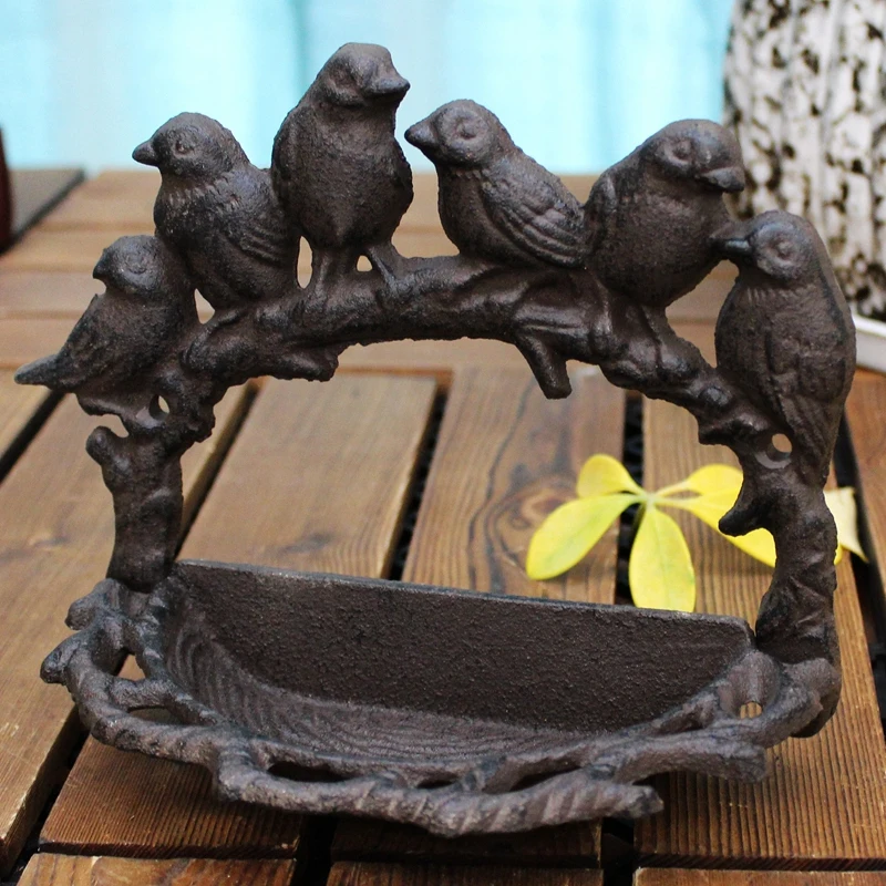 Классические милые шесть птиц вокруг ветки дизайн домашний сад Декор чугунные металлические кормушки для птиц чаша