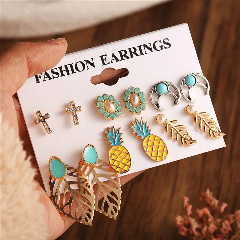 2019 Bohemian Pineapple Flower Stud Earrings Set For Women Vintage Stone Leaf Earrings Female Fashion Brincos Jewelry Wholesale