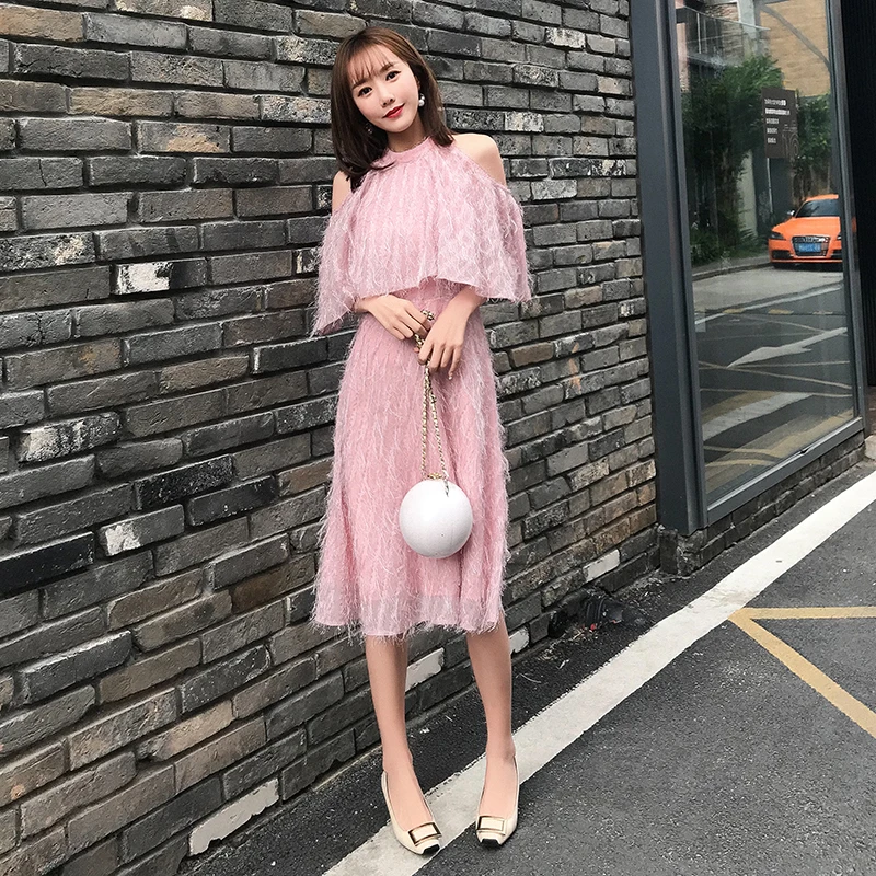 JIBAIYI Elegant Off Shoulder Short Sleeve Women Dress Sexy Pink Tassel Summer Laides Dresses Female Office Vintage Festa Vestido JIBAIYI Elegant Off Shoulder Short Sleeve Women Dress Sexy Pink Tassel Summer Laides Dresses Female Office Vintage Festa Vestido