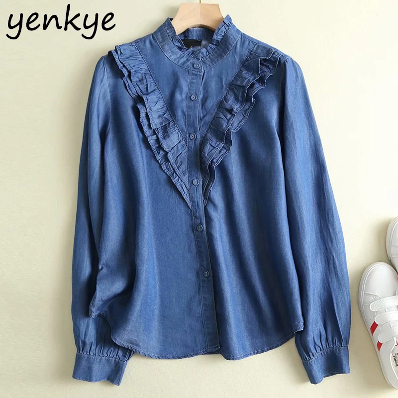 

Vintage Blue Sofa Denim Blouse Shirt Women Ruffle High Neck Long Sleeve Casual Streetwear Ladies Shirts Plus Size Chemise femme