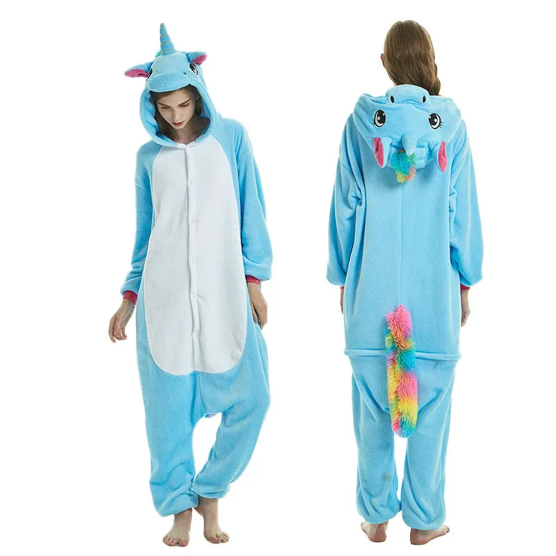 Kigurumi Adults Flannel Unicorn Pajamas Animal Onesies Cartoon Sleepwear Women Men Nightwear Winter Stitch Panda Cosplay Pijimas - Цвет: new blue tenma