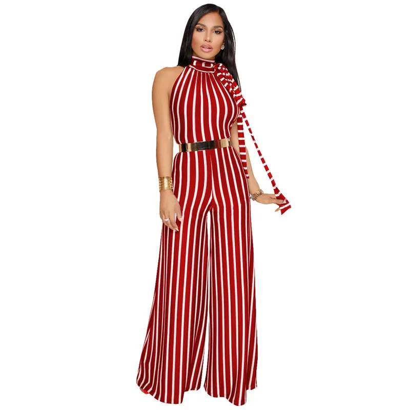 Women Fashion Striped Wide Leg Jumpsuit 2018 Summer Sexy